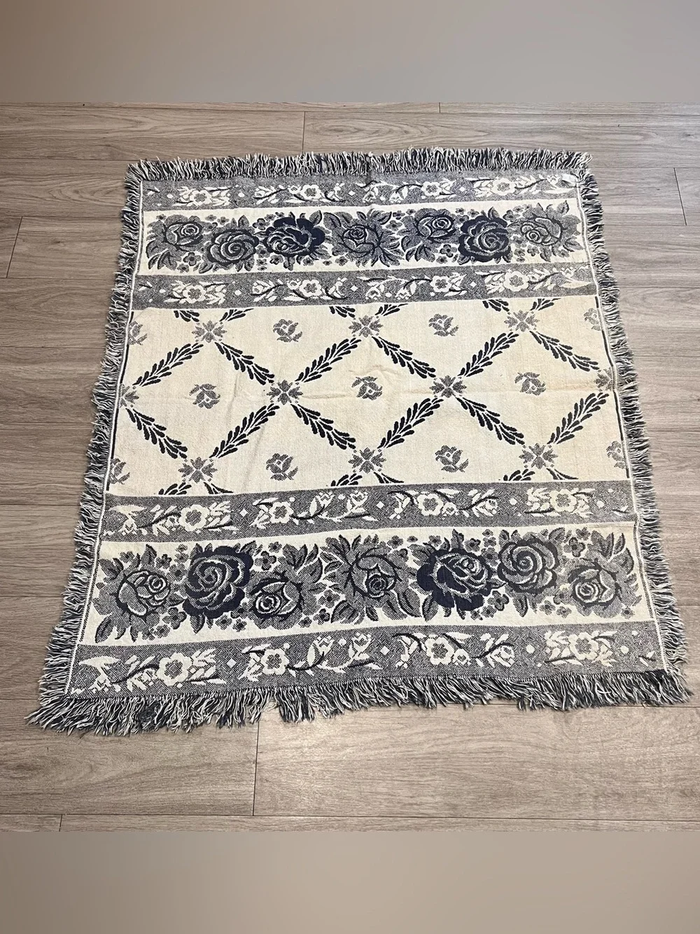 Vintage Woven Floral Tapestry Throw Blanket Fringed Blue Cottagecore